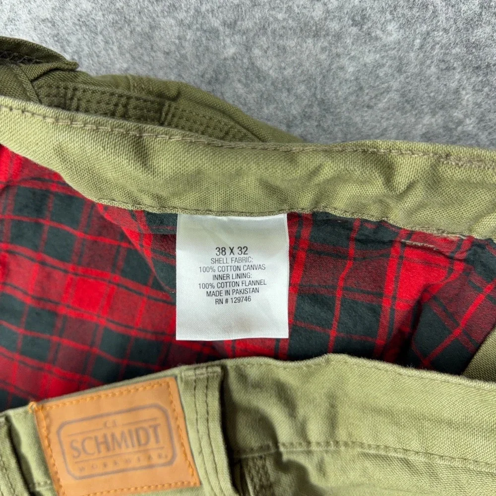 CE Schmidt Pants Mens 38x32 Green Flannel Lined Carpenter Relaxed Fit Work Jeans
